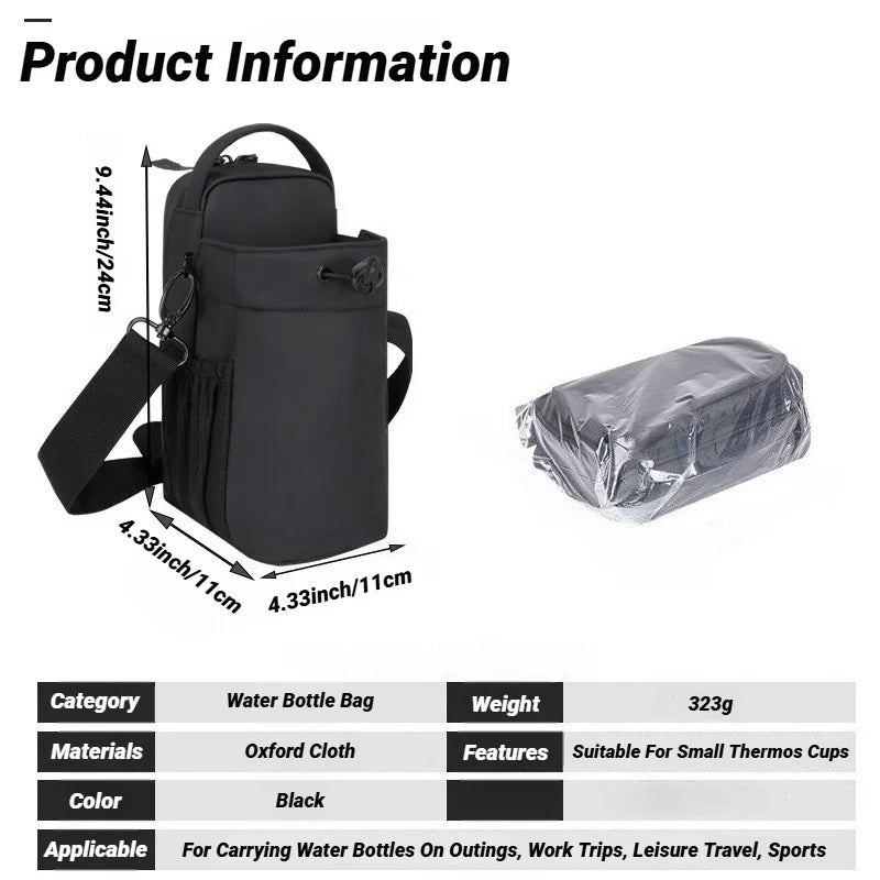 Black water bottle bag with dimensions and features displayed on a white background