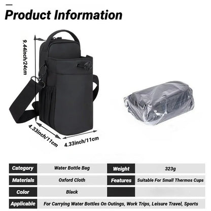 Black water bottle bag with dimensions and features displayed on a white background