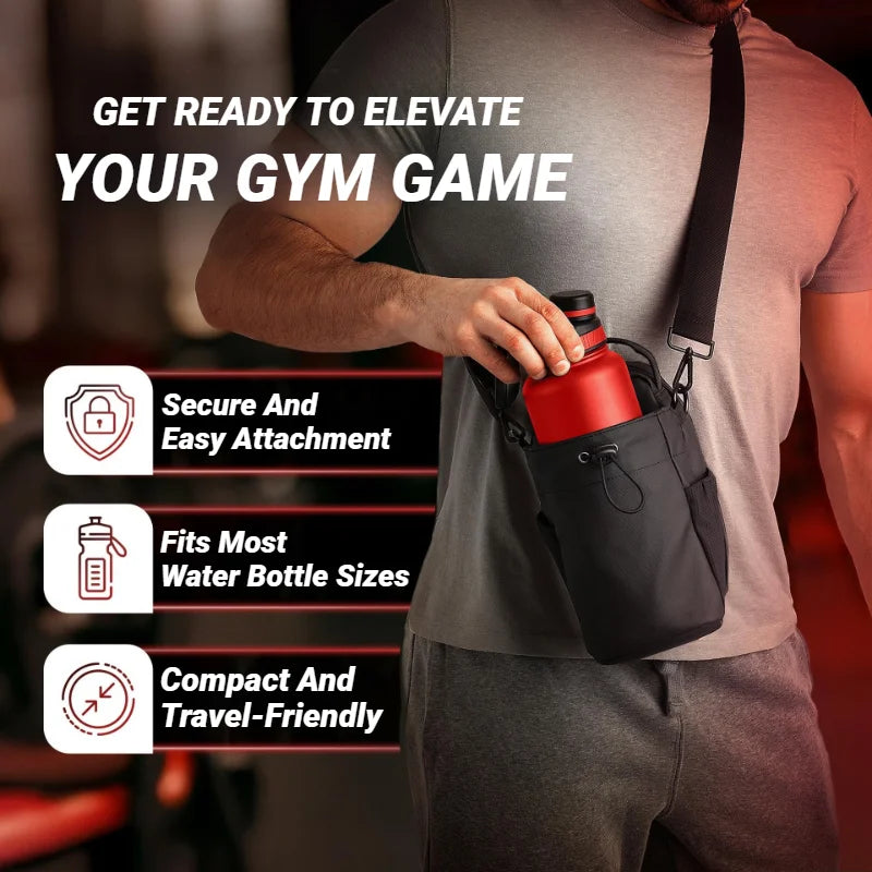 Person holding a black crossbody bag with a red water bottle, gym setting.