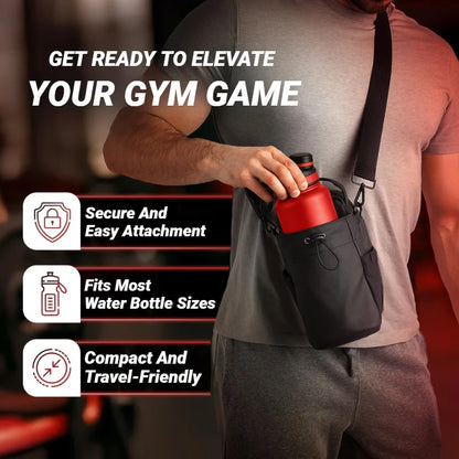 Person holding a black crossbody bag with a red water bottle, gym setting.