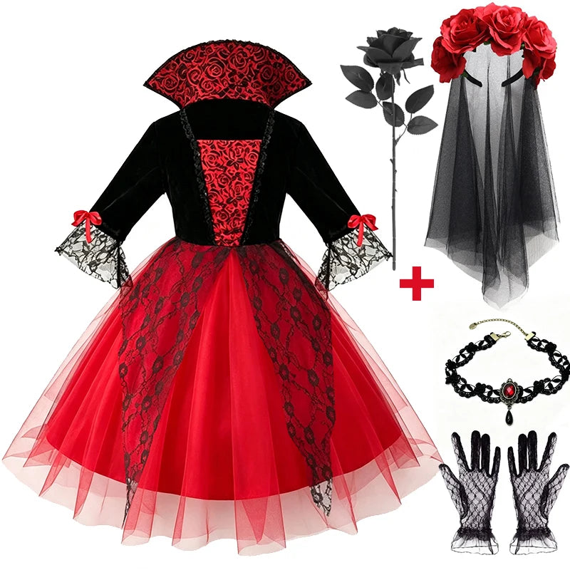 Gothic Vampire Bride Costume for Girls - Lace Tulle Dress with Accessories