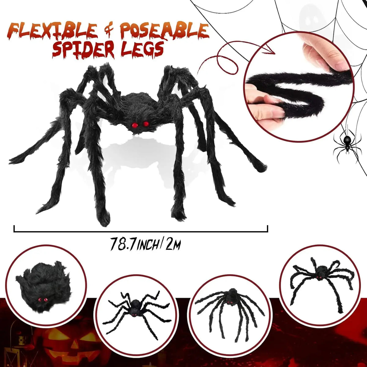 Giant Black Plush Spider Halloween Decoration - Indoor Outdoor Haunted House Prop