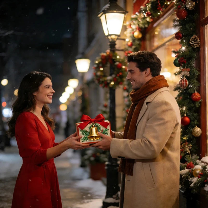 Man and woman exchanging a gift in a festive street setting with Christmas decorations.
