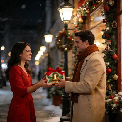 Man and woman exchanging a gift in a festive street setting with Christmas decorations.