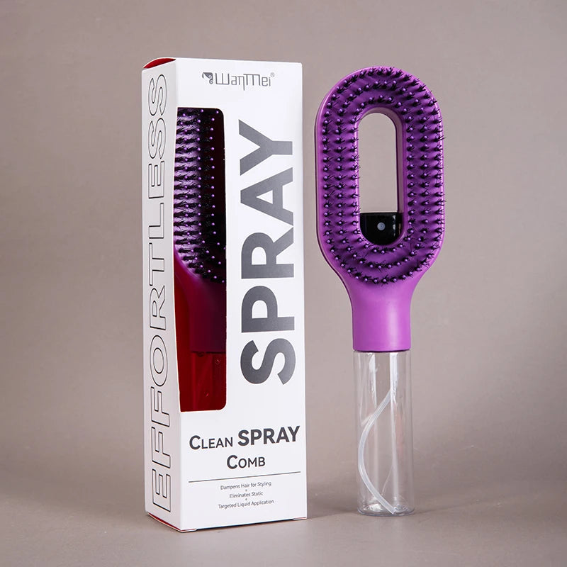 Purple cleaning comb with clear handle next to its packaging on a beige background
