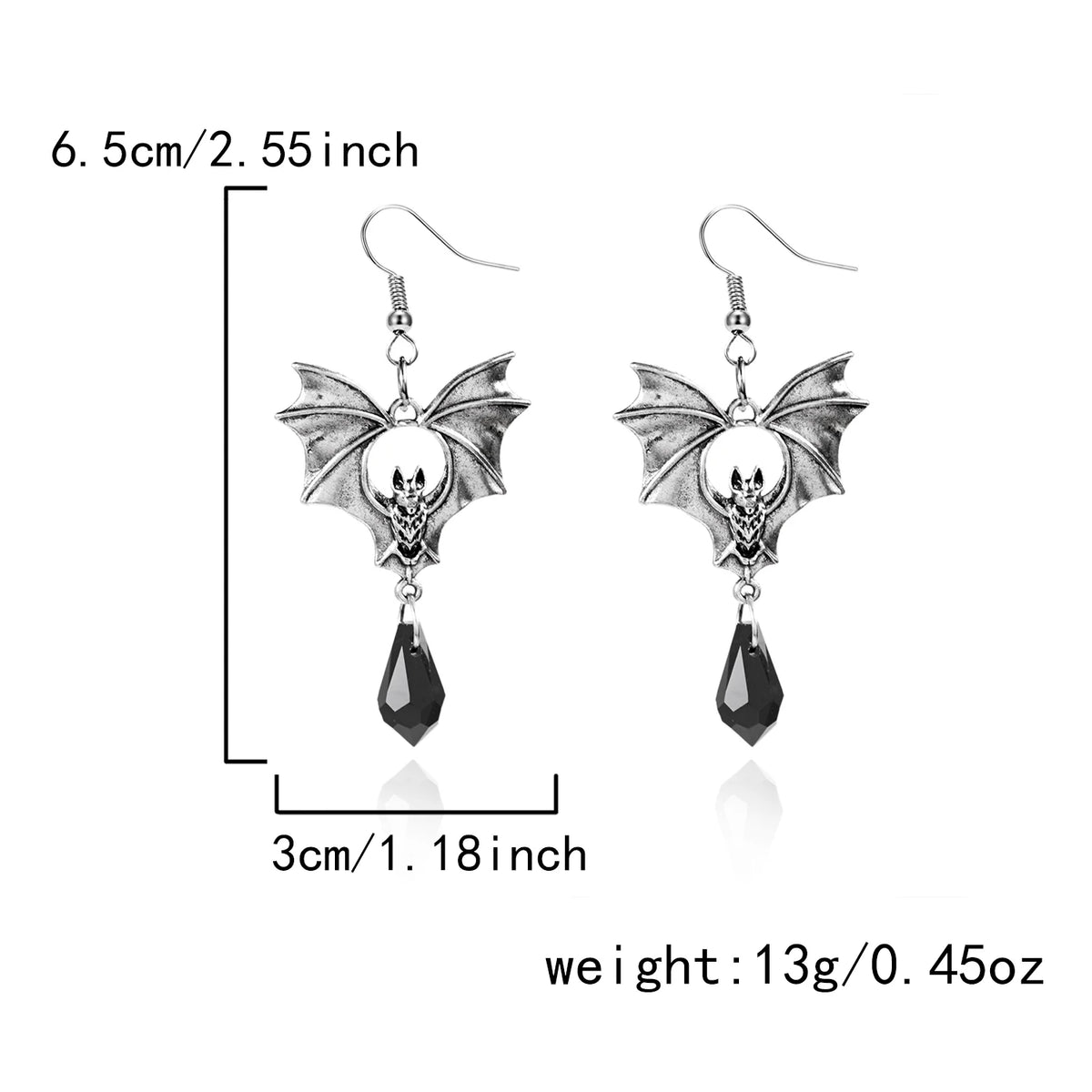 Gothic Vampire Bat Drop Earrings — Black Crystal Halloween Jewelry