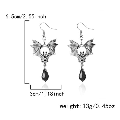 Gothic Vampire Bat Drop Earrings — Black Crystal Halloween Jewelry