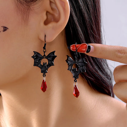 Gothic Vampire Bat Drop Earrings — Black Crystal Halloween Jewelry