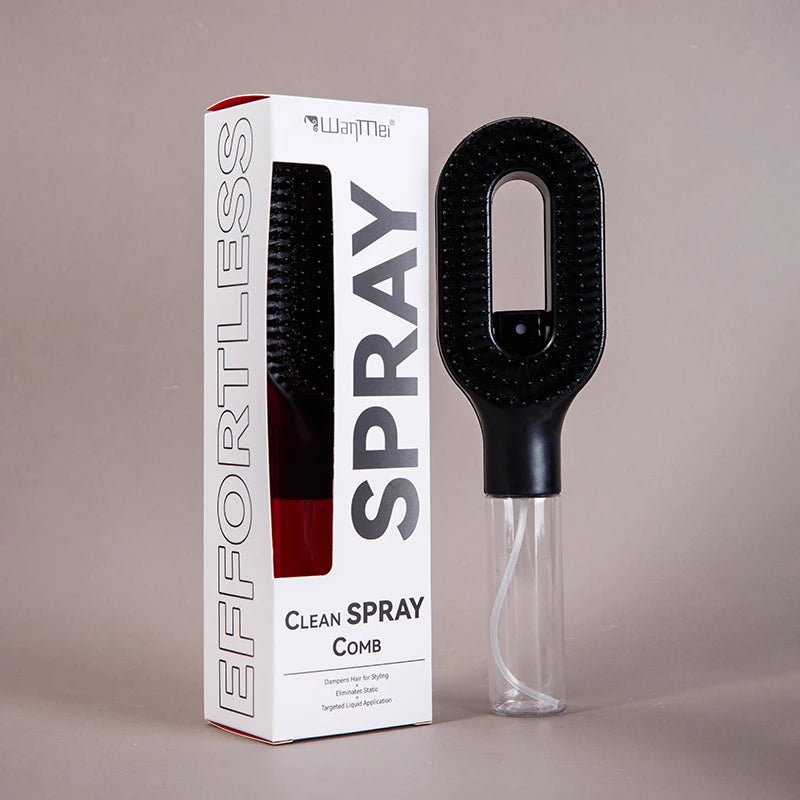 Black spray comb with white packaging labeled 'Effortless Spray' on a beige background