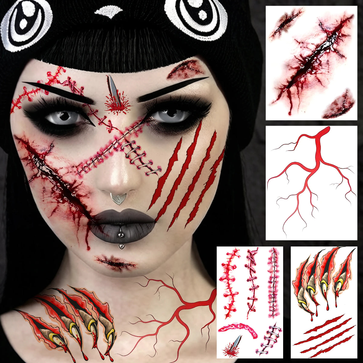 Realistic Wound & Scar Temporary Tattoos — Halloween Zombie Makeup, 4 Sheets