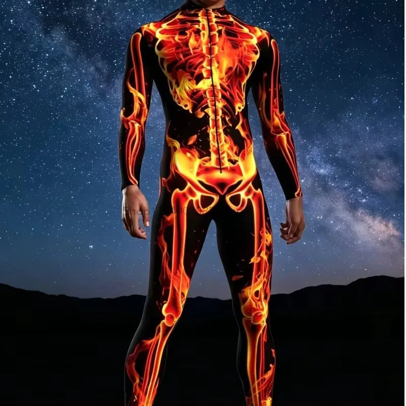 Flame Skeleton Jumpsuit Costume for Men – Halloween Tights Suit