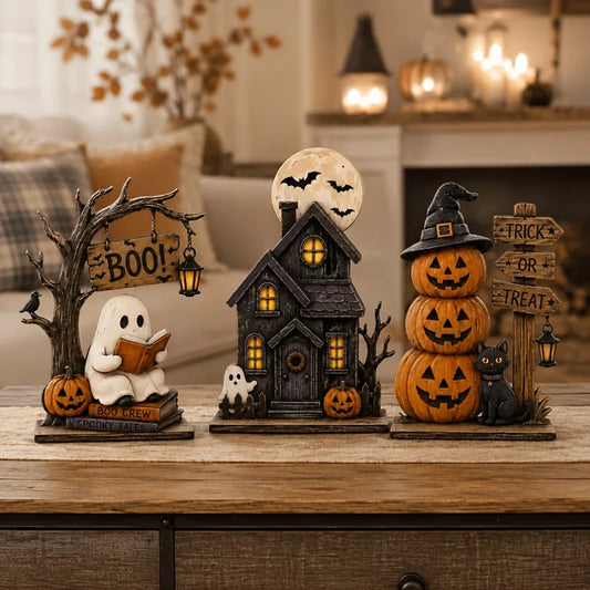 Vintage Wooden Halloween Shelf Decor Set – Ghost, Black Cat & Pumpkin