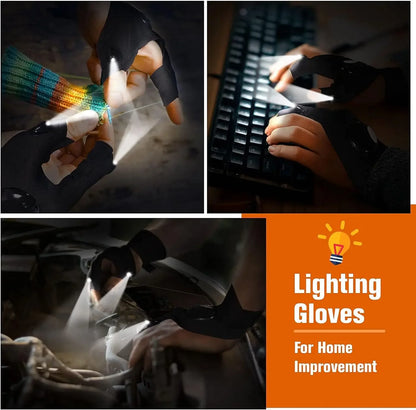 Collage of hands using lighting gloves in various settings with a promotional banner for 'Lighting Gloves For Home Improvement'.