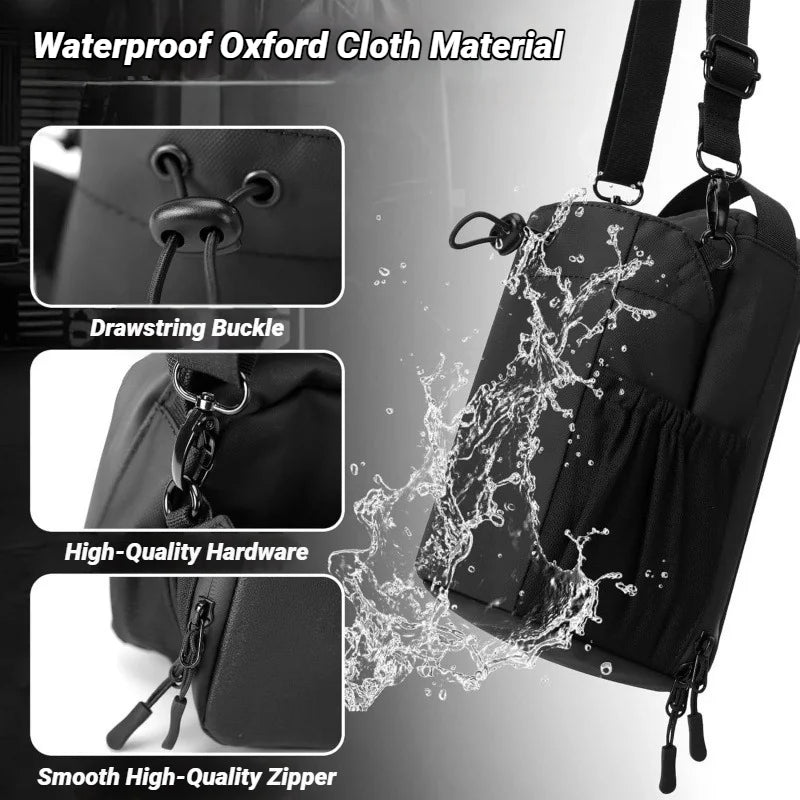 Black backpack with water splashing effect and product details text on a gray background