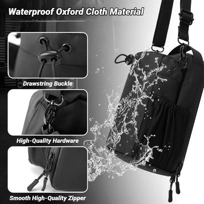 Black backpack with water splashing effect and product details text on a gray background
