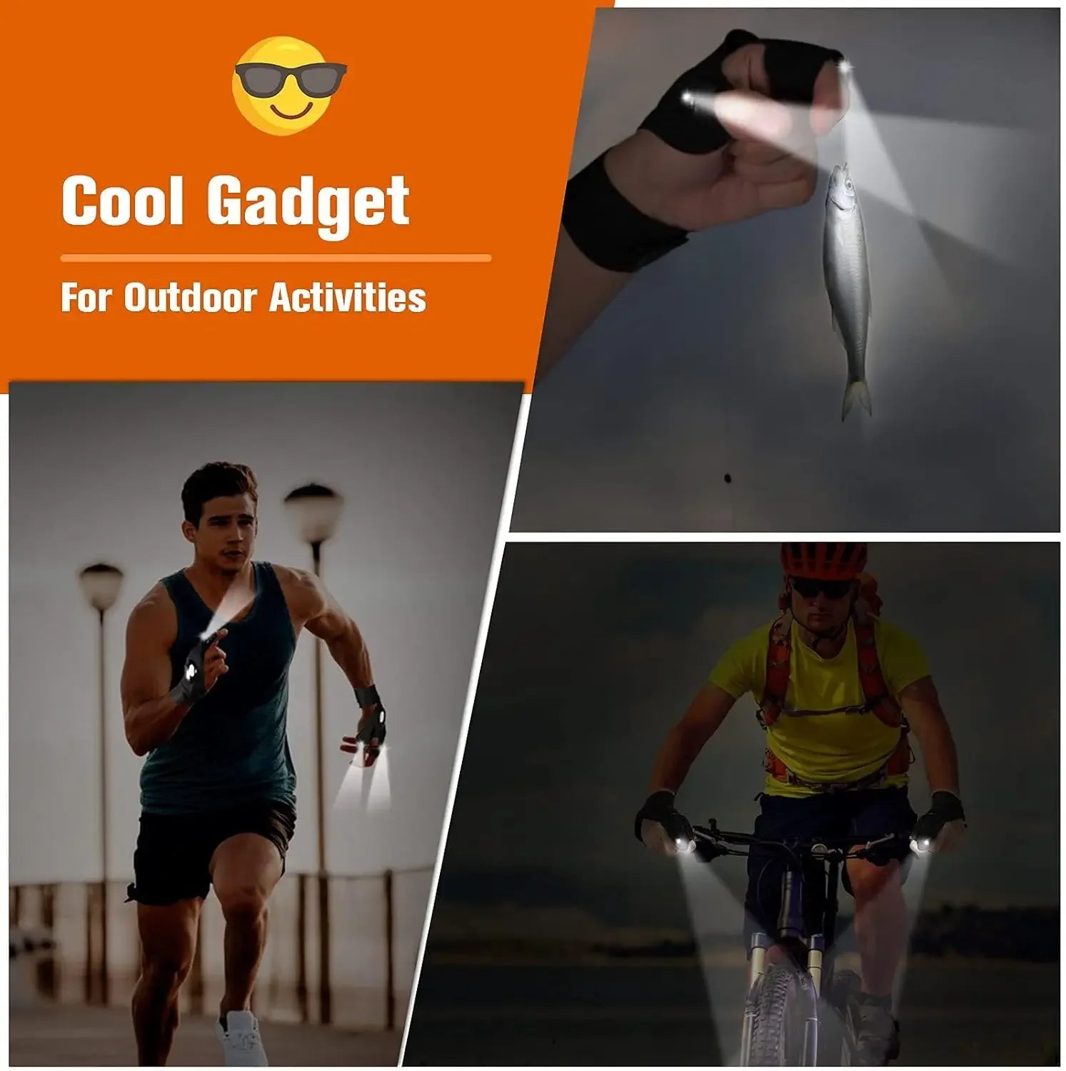 Collage of a person running, fishing, and cycling with a flashlight, labeled 'Cool Gadget For Outdoor Activities'.