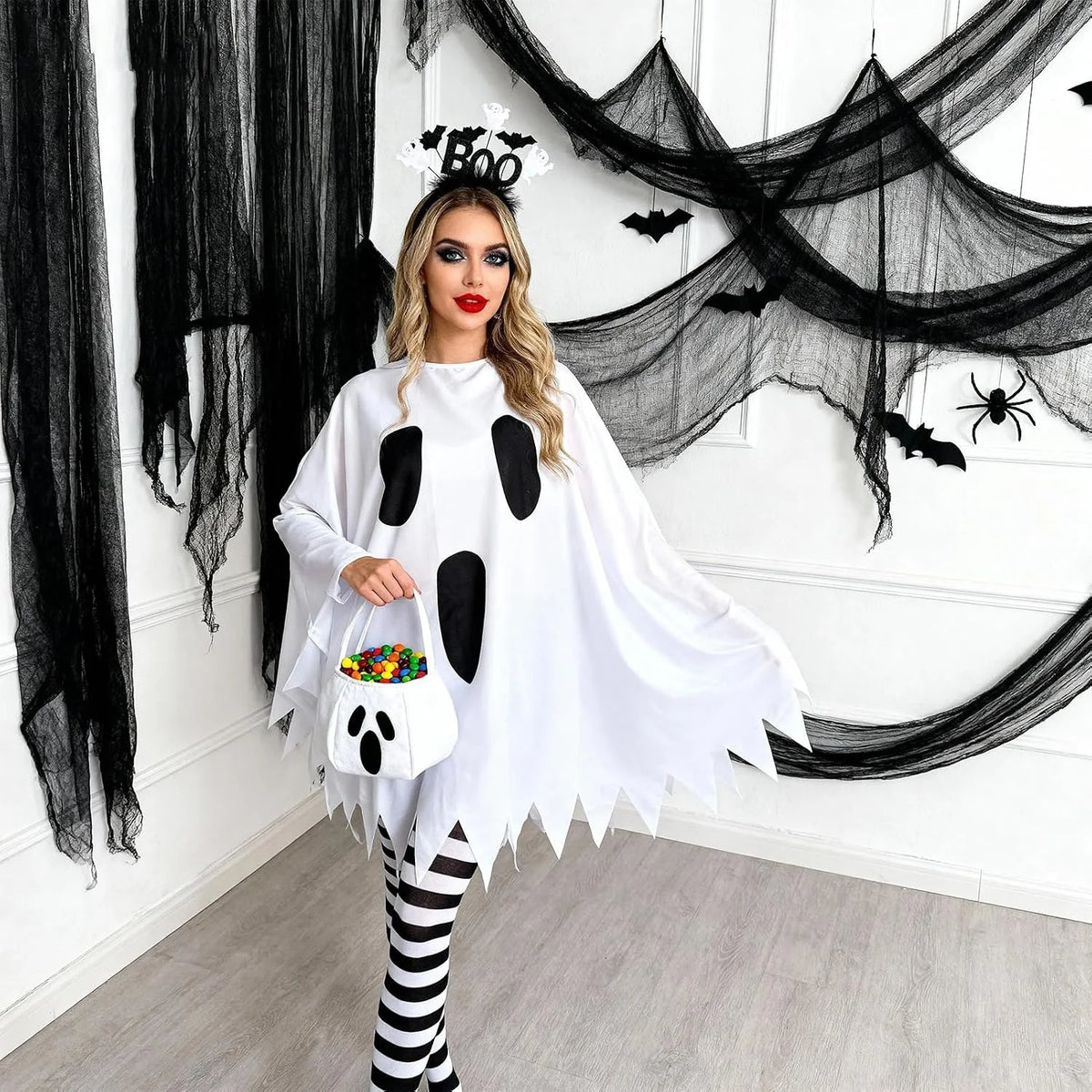 Women's Ghost Costume Set – Poncho, Headband & Tights