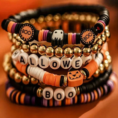 7-Piece Halloween Beaded Bracelet Set — Retro Pumpkin Polymer Clay Jewelry