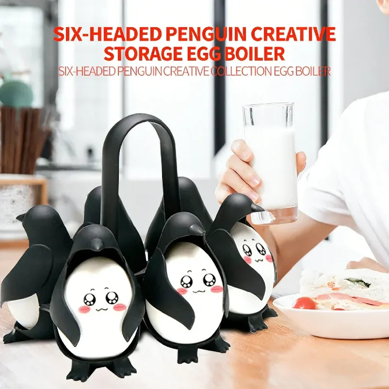 Six-headed penguin creative storage egg boiler with a person holding a glass of milk in the background.