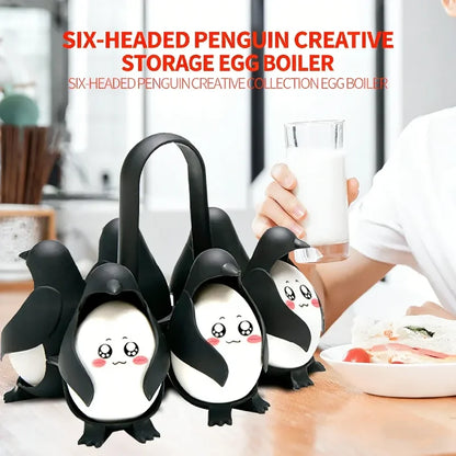 Six-headed penguin creative storage egg boiler with a person holding a glass of milk in the background.
