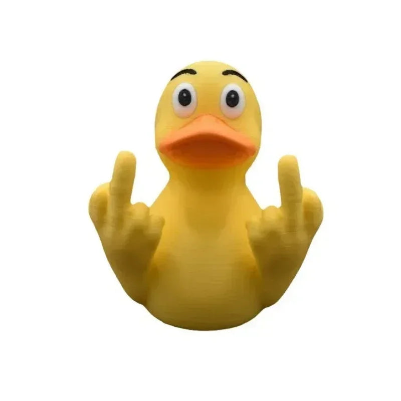 Yellow rubber duck making a peace sign on a white background