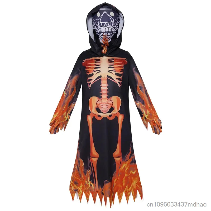 Flame Skeleton Hooded Robe Costume – Skull Ghost Cosplay Suit