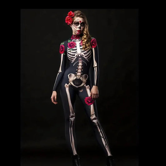 Skeleton Rose Bodycon Jumpsuit – Women's Long Sleeve Sugar Skull Catsuit Halloween Costume