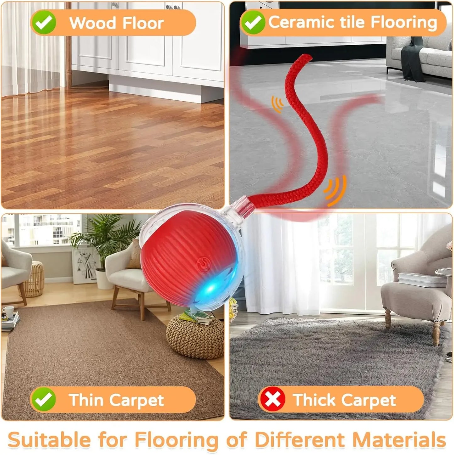 Collage of flooring types with a red and blue device indicating suitability for different flooring materials.