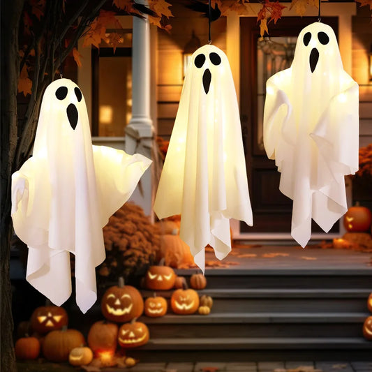 Glowing White Ghost LED Hanging Halloween Decoration with Fairy Lights