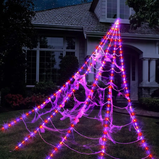 LED Spider Web Light, 8 Modes – Waterproof Outdoor Halloween Decor