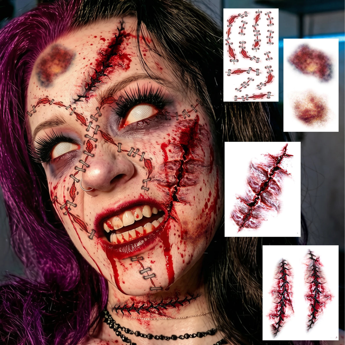 Realistic Wound & Scar Temporary Tattoos — Halloween Zombie Makeup, 4 Sheets