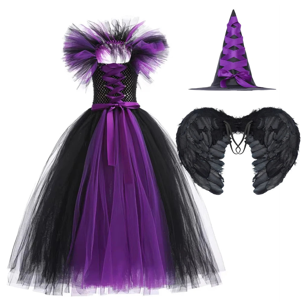 Gothic Witch Costume for Girls – Black & Purple Horror Dress