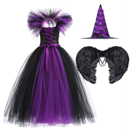 Gothic Witch Costume for Girls – Black & Purple Horror Dress