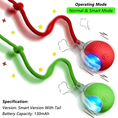 Red and green pet toy with operating mode text and specifications.