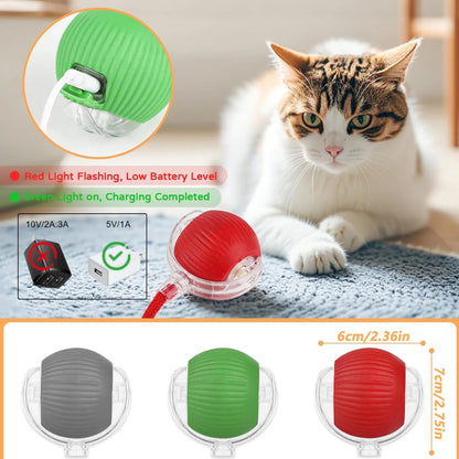 Cat playing with a red and green light-up ball, with close-ups and specifications displayed.
