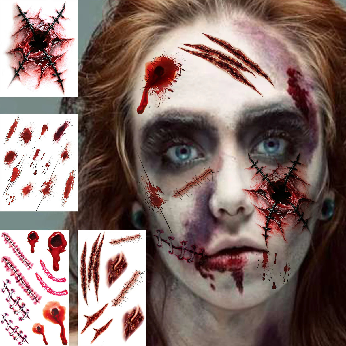 Realistic Wound & Scar Temporary Tattoos — Halloween Zombie Makeup, 4 Sheets