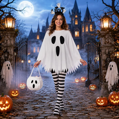 Women's Ghost Costume Set – Poncho, Headband & Tights