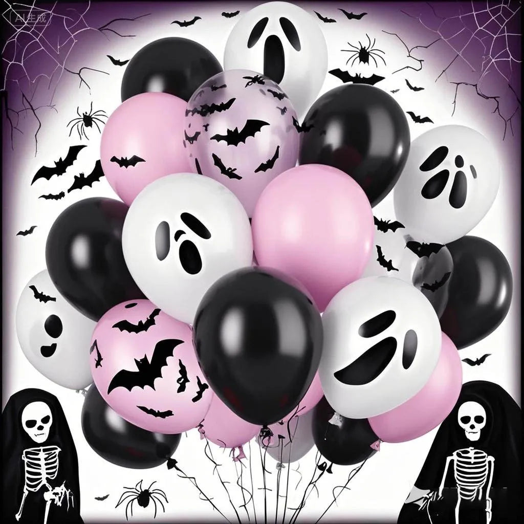 Pink & Black Halloween Balloon Set – Ghost & Bat Party Decor