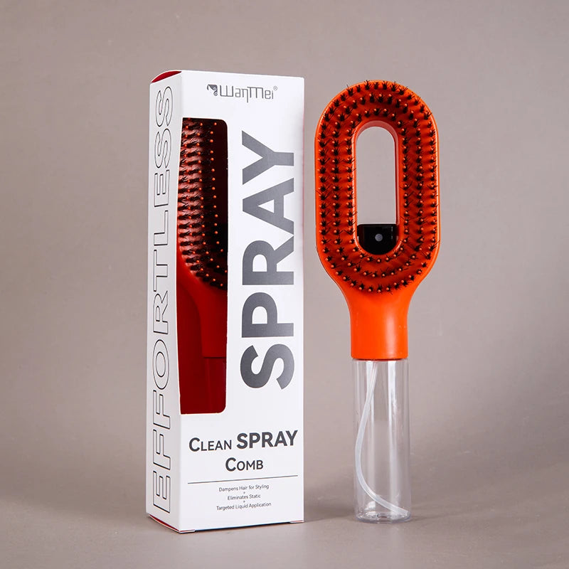 Orange cleaning comb with clear handle next to its packaging on a beige background