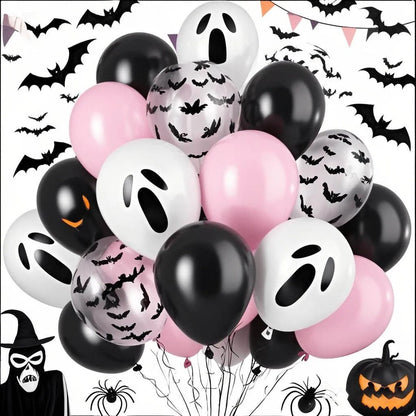 Pink & Black Halloween Balloon Set – Ghost & Bat Party Decor
