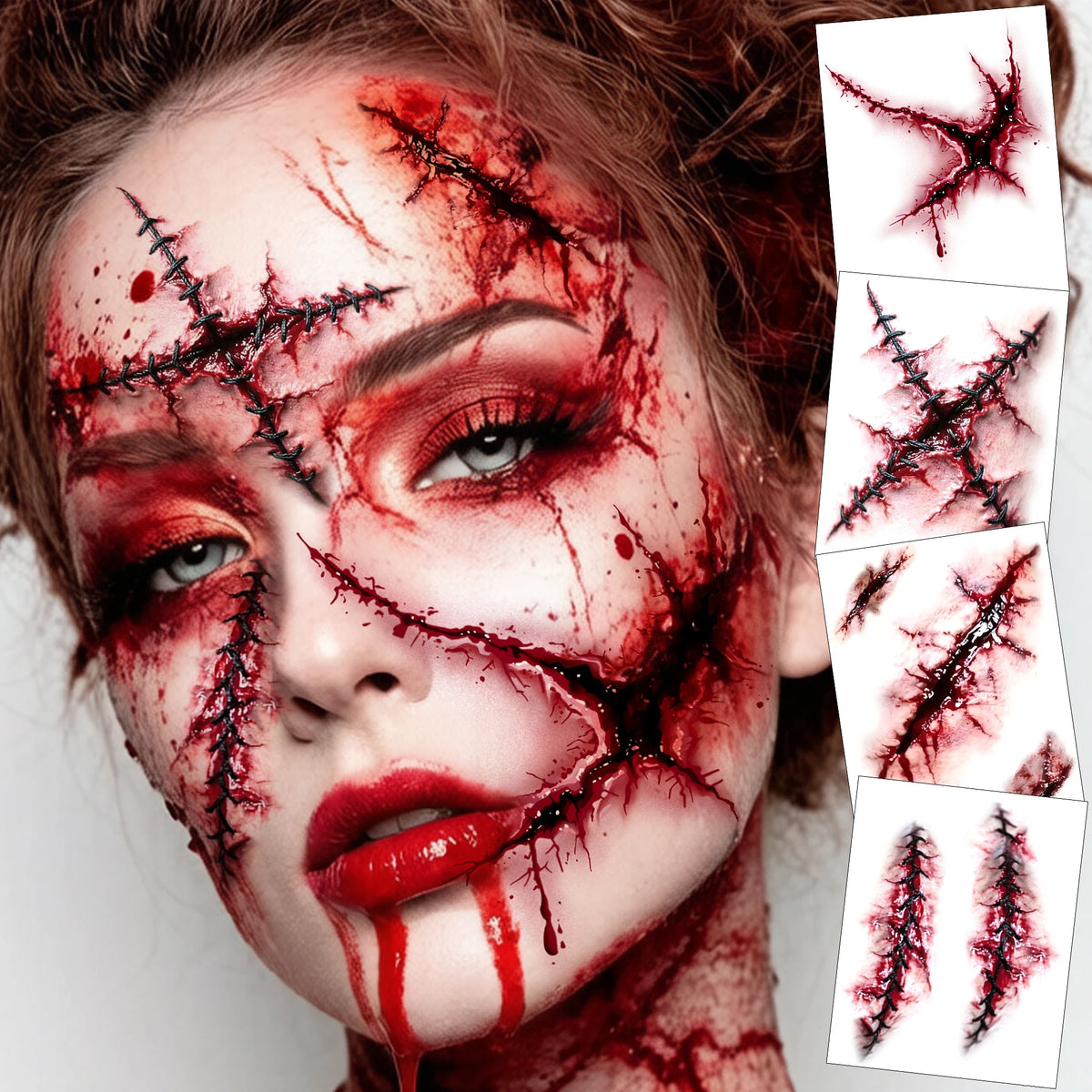 Realistic Wound & Scar Temporary Tattoos — Halloween Zombie Makeup, 4 Sheets