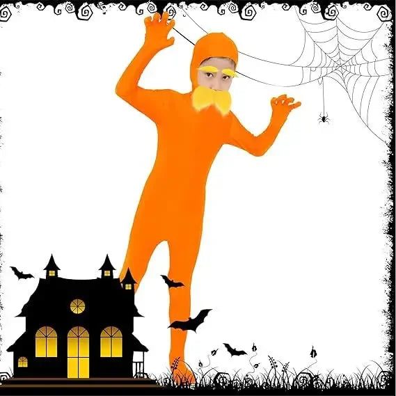Orange Bodysuit Costume with Moustache & Eyebrows - Kids & Adult Halloween Jumpsuit