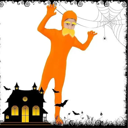Orange Bodysuit Costume with Moustache & Eyebrows - Kids & Adult Halloween Jumpsuit