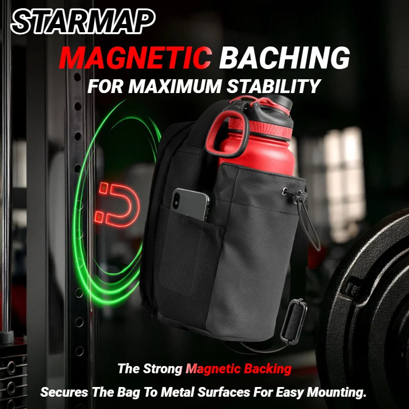 Black and gray bag with red water bottle featuring magnetic backing text on a blurred gym background