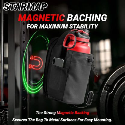 Black and gray bag with red water bottle featuring magnetic backing text on a blurred gym background