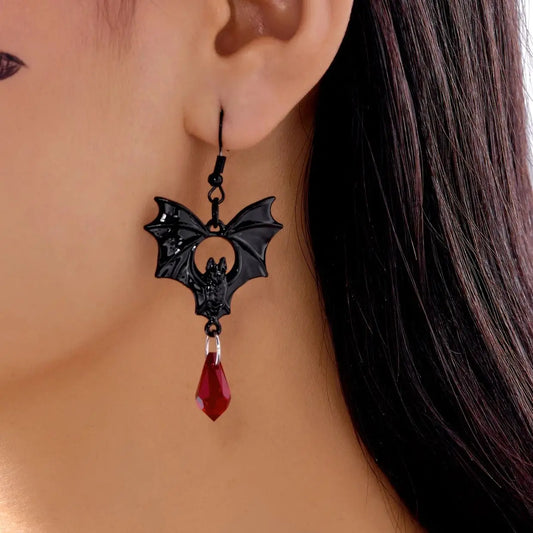 Gothic Vampire Bat Drop Earrings — Black Crystal Halloween Jewelry