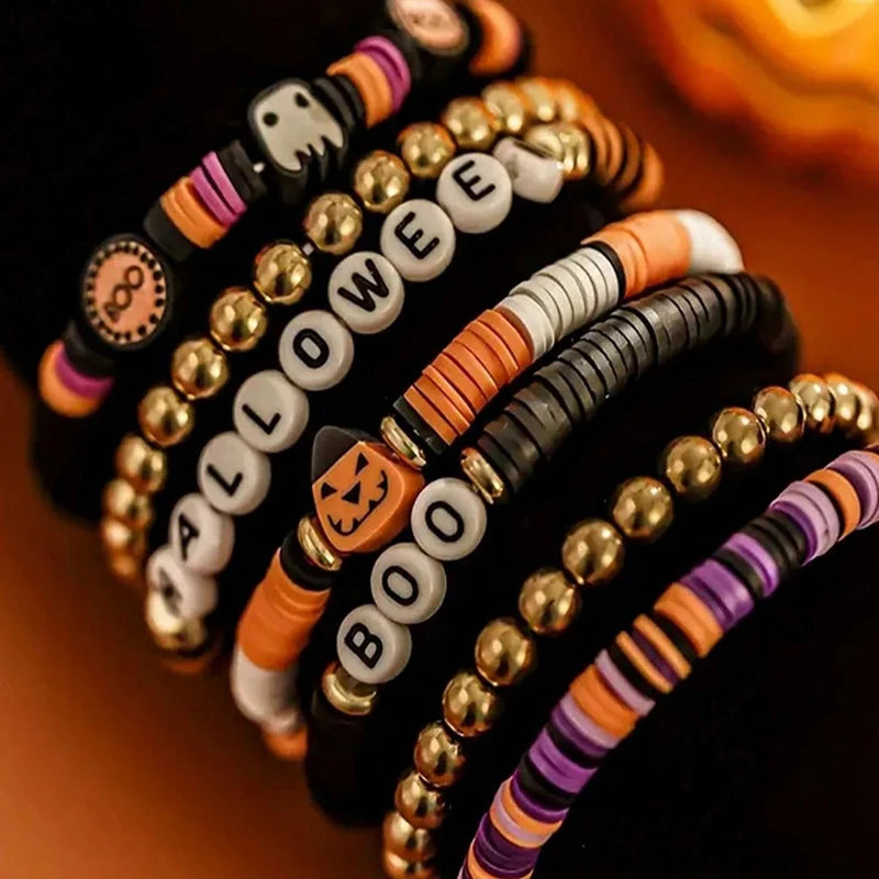 7-Piece Halloween Beaded Bracelet Set — Retro Pumpkin Polymer Clay Jewelry