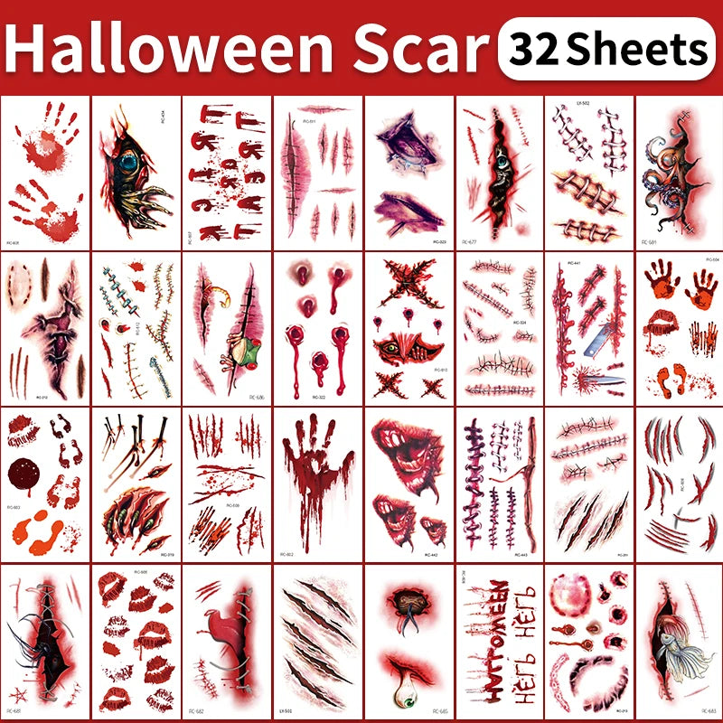 Fake Scar Temporary Tattoos, 32 Pcs – Zombie & Wound Halloween Makeup