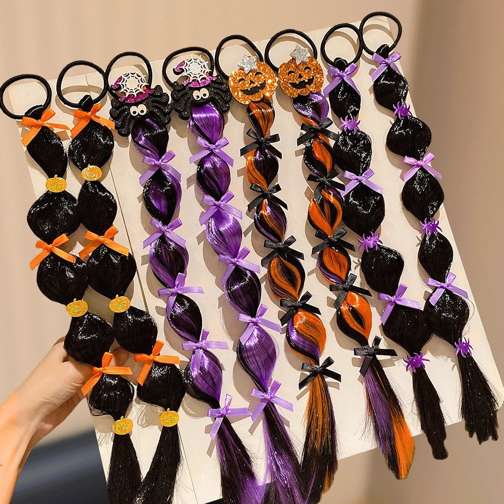 Halloween Hair Ties & Wig Caps Set — Pumpkin & Spider Hair Accessories