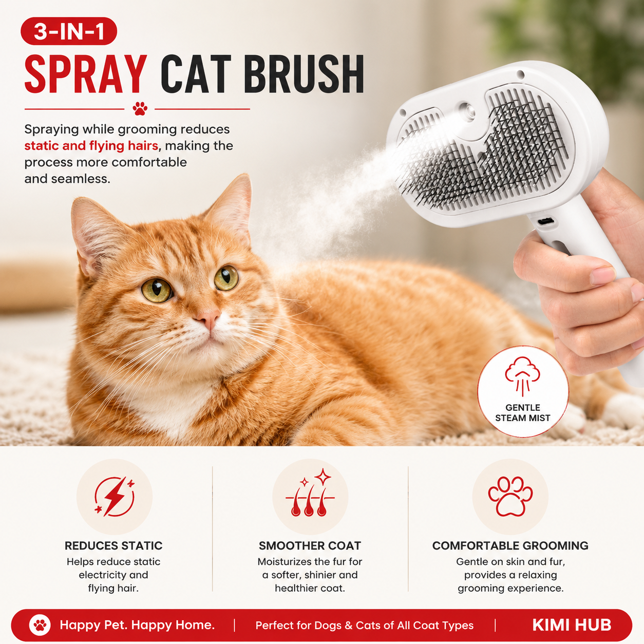 Steam pet grooming brush with fine mist spray to reduce static and keep pet fur smooth | Kimi Hub
